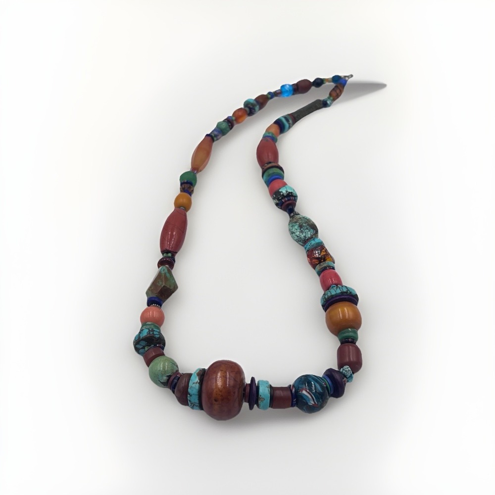 Vintage Artisan Mixed Gemstone Beaded‎ Necklace Turquoise Coral Amber Glass Boho
